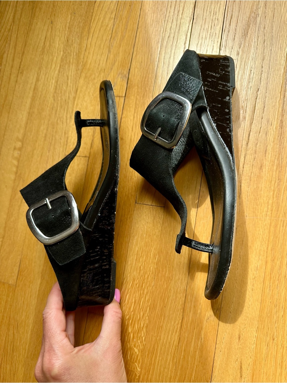 DONALD PLINER Black Women's Wedge Sandals with Silver Buckle Strap